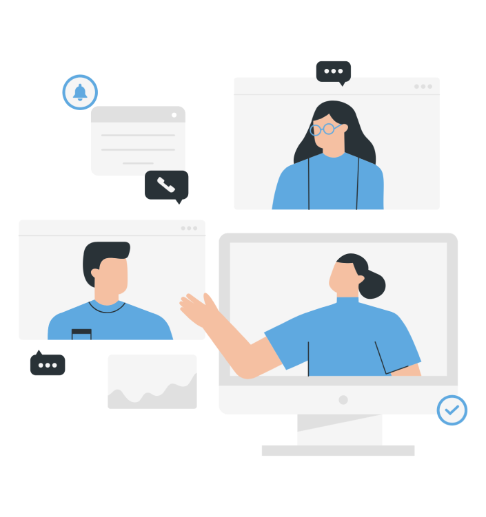 An image depicting teams collaborating and working together across multiple screens, showcasing a dynamic and interactive environment where individuals interact, communicate, and collaborate seamlessly.